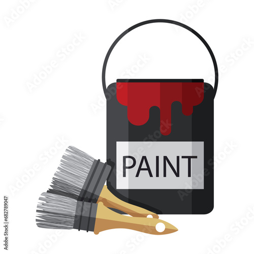 A can of paint and molar brushes. Color vector illustration isolated on a white background for design and web.