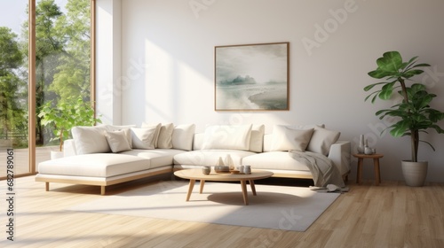 A design sofa  tropical plant  pillows  blanket  gramophone mockup picture frames are all featured in this stylish Scandinavian white room Modern living area with white walls and brown oak parque