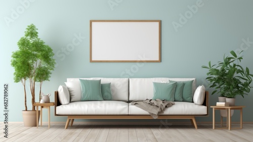 A design sofa, tropical plant, pillows, blanket, gramophone,mockup picture frames are all featured in this stylish Scandinavian white room Modern living area with white walls and brown oak parque