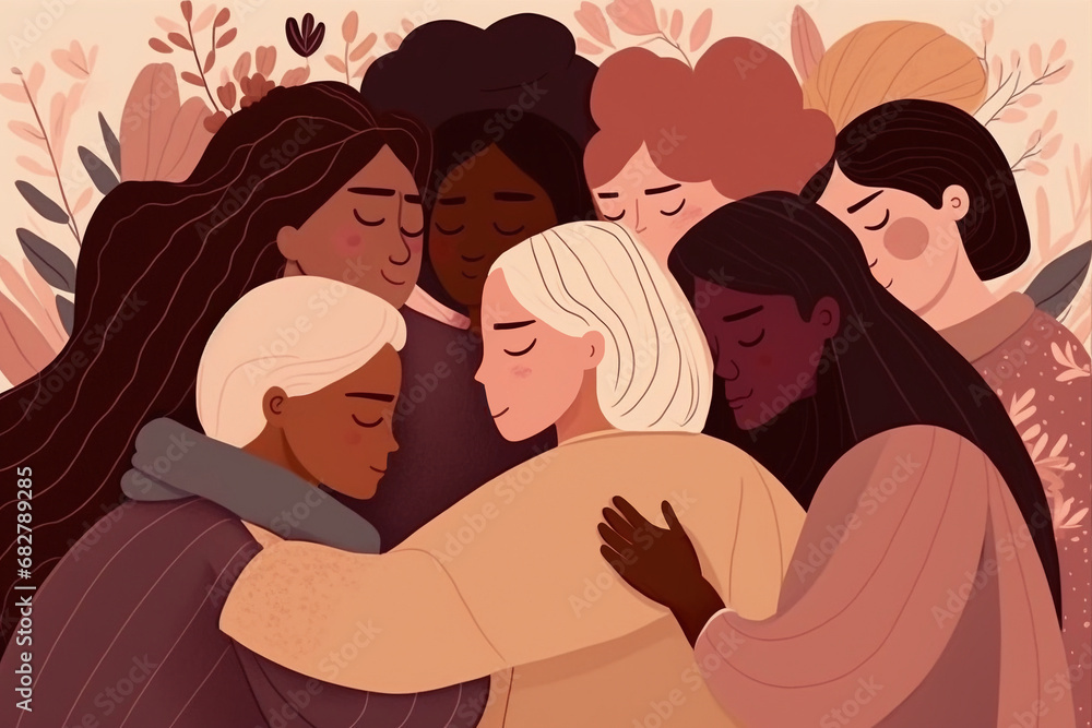 Obraz premium Group of female friends, union of feminists, sisterhood. Multi-ethnic women. A group of beautiful women with different beauty, hair and skin color. The concept of women, femininity, diversity