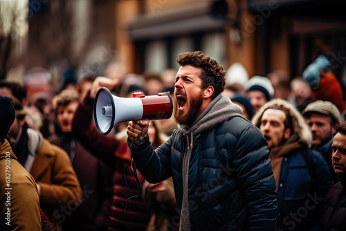 Man shouting with a megaphone at a demonstration