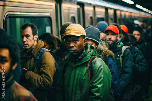 Group of people at rush hour taking the subway in the big city