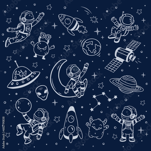 set of cosmos in doodle style: astronaut, planets, stars, rocket and alien, monster for design. Isolated on dark background. Science space exploration.