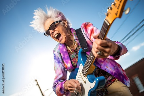 Grandmother playing electric guitar and screaming a song on stage as a rock star with blurred lights. Dynamic senior lifestyle concept, Sunset of life in colors.