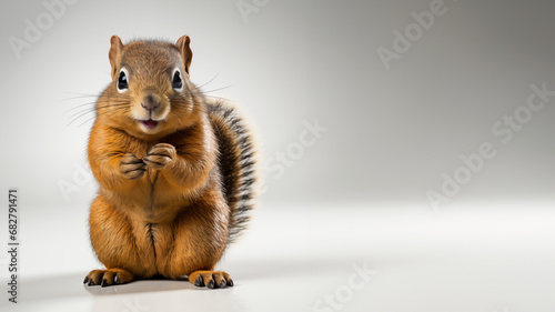 Süßes Eichhörnchen blickt in die Kamera im Querformat für Banner, ai generativ