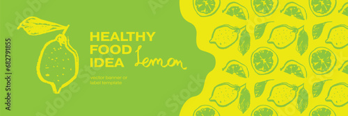 Lemon banner template with vector color lemon seamless pattern. Citrus fruit backdrop on pink background. Hand drawn lemons illustration. Lemon emblem with green leaves. Botanical fabric pattern.