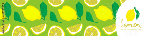 Lemon banner template with vector color lemon seamless pattern. Citrus fruit backdrop on pink background. Hand drawn lemons illustration. Lemon emblem with green leaves. Botanical fabric pattern.