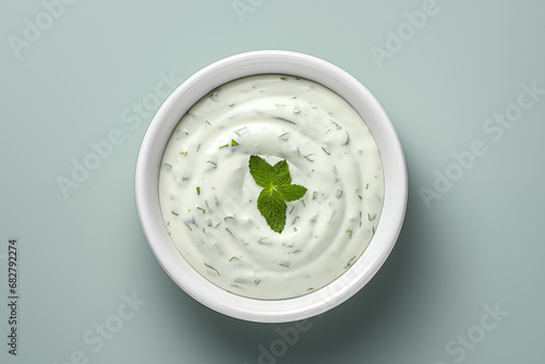 Tartar sauce in close-up, top view, light blue background