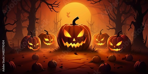 Halloween party background with three jack o lanterns, pumpkins and candles, in the style of flat, limited shading, photobash, vibrant stage backdrops, paul corfield, rtx on, light orange, captivating photo