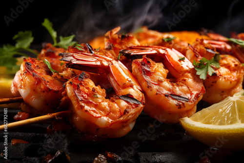 grilled shrimp on a grill, close-up