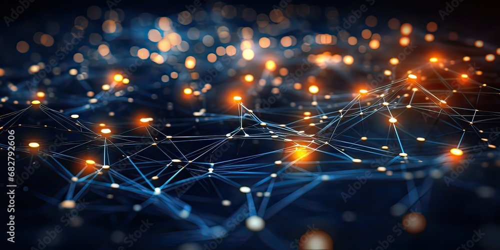 Abstract blue gold technology background with a cyber network grid and connected particles. Artificial neurons, global data connections Abstract blue gold technology background with a cyber network grid and connected particles. Artificial neurons, global data connections