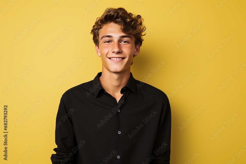 Obraz premium Teenage boy, Male employee wearing a black shirt yellow background