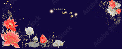 Golden flowers botany banner.Japanese lotos . Hand drawn vector  Line art style design. Concept traditional Asian holiday Golden frames.