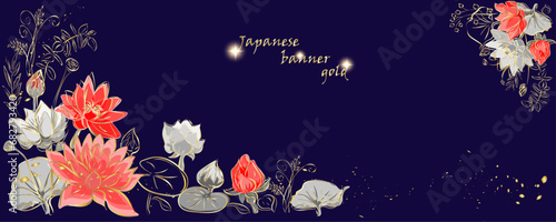 Golden flowers botany banner.Japanese lotos . Hand drawn vector  Line art style design. Concept traditional Asian holiday Golden frames.