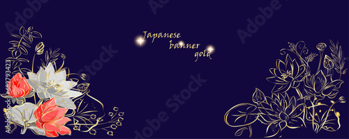 Golden flowers botany banner.Japanese lotos . Hand drawn vector  Line art style design. Concept traditional Asian holiday Golden frames.