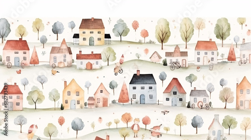 Seamless pattern with cute cartoon houses and trees. Watercolor illustration