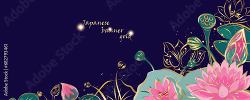 Golden flowers botany banner.Japanese lotos . Hand drawn vector  Line art style design. Concept traditional Asian holiday Golden frames.
