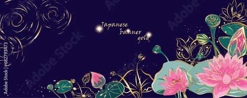 Golden flowers botany banner.Japanese lotos . Hand drawn vector  Line art style design. Concept traditional Asian holiday Golden frames.