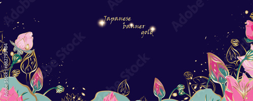 Golden flowers botany banner.Japanese lotos . Hand drawn vector  Line art style design. Concept traditional Asian holiday Golden frames.