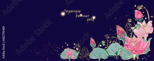 Golden flowers botany banner.Japanese lotos . Hand drawn vector  Line art style design. Concept traditional Asian holiday Golden frames.