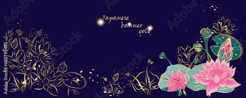 Golden flowers botany banner.Japanese lotos . Hand drawn vector  Line art style design. Concept traditional Asian holiday Golden frames.