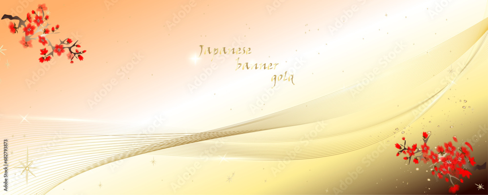 Golden botany banner Luxury hand drawn gold lotus and sakura flowers line art background vector. Oriental design for wedding invitation, cover, print, decoration, template.