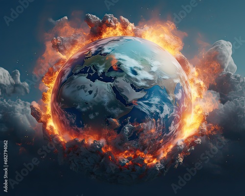 Earth globe collapse, burning, destroyed by fire. Conceptual illustration of global warming, caused by the excesses of the world of finance, industry