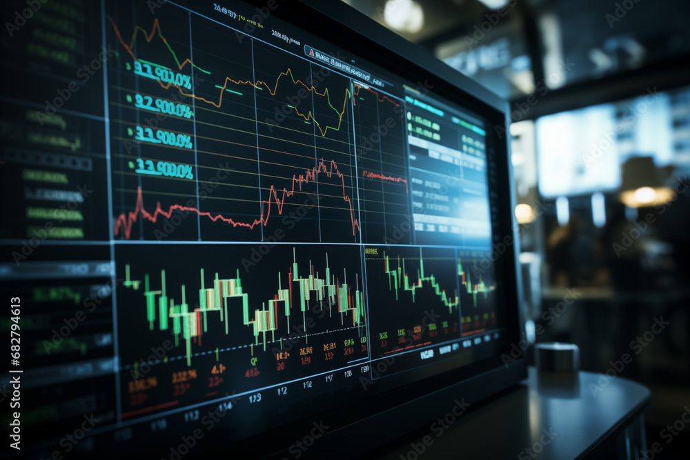 Stock market curve on screen. Investing in the stock market. Sotck exchange. Stock market curve on screen. Investing in the stock market. Sotck exchange.