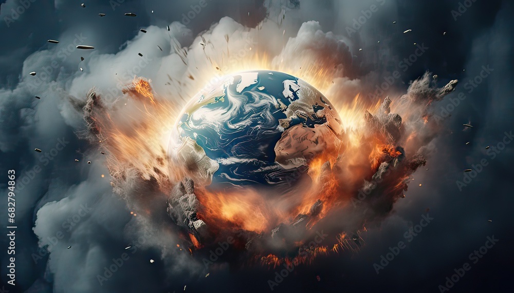 Earth globe collapse, burning, destroyed by fire. Conceptual ...