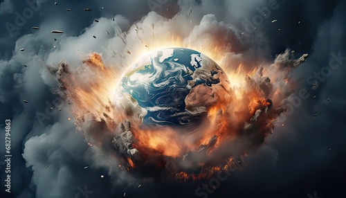 Earth globe collapse, burning, destroyed by fire. Conceptual illustration of global warming, caused by the excesses of the world of finance, industry photo