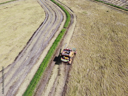 Rice harvester  agricultural machinery is working in the rice field. Aerial photography