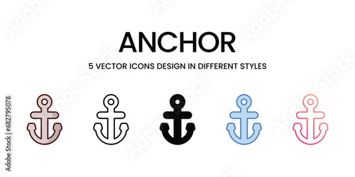 Anchor Icon Design in Five style with Editable Stroke. Line  Solid  Flat Line  Duo Tone Color  and Color Gradient Line. Suitable for Web Page  Mobile App  UI  UX and GUI design.