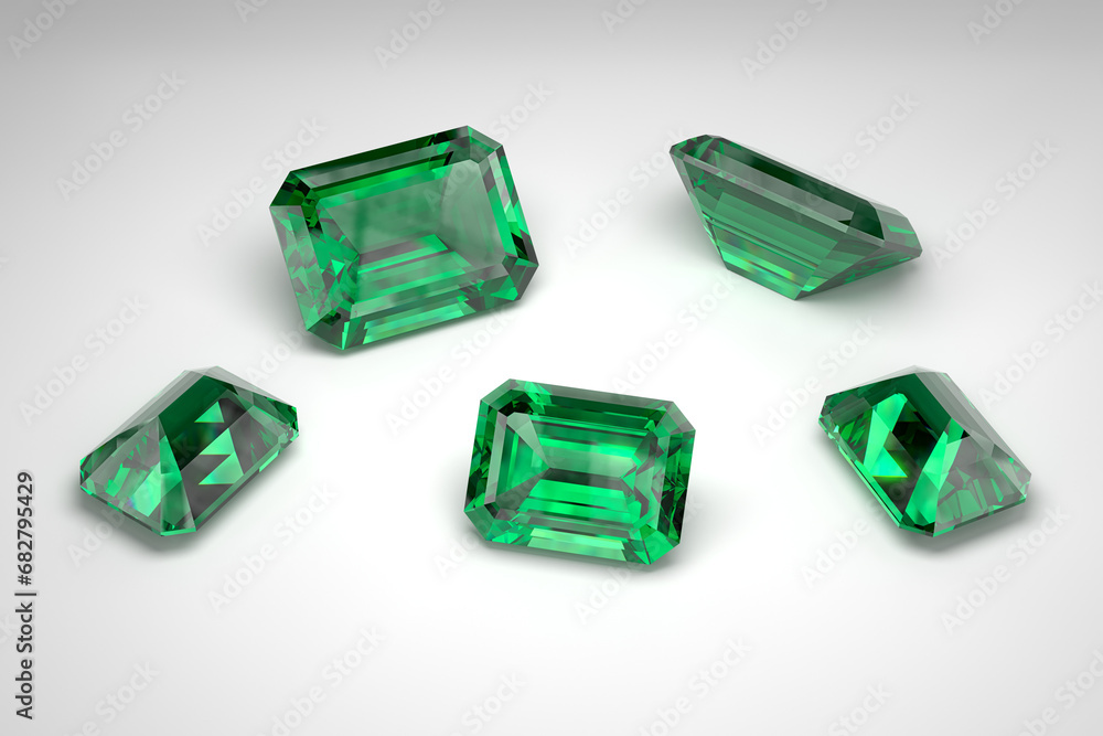 Scattering of emeralds of different sizes on a white background. Exhibition of precious stones. Classic cut. 3d rendering. Scattering of emeralds of different sizes on a white background. Exhibition of precious stones. Classic cut. 3d rendering.