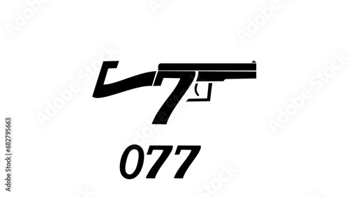 Agent 077 symbol, text with gun of sevens, black isolated silhouette