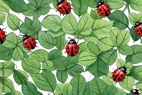 red lady bug on the green leaves with its red and black fur  green abstract background with green trees and sunshine  © Ya Ali Madad 