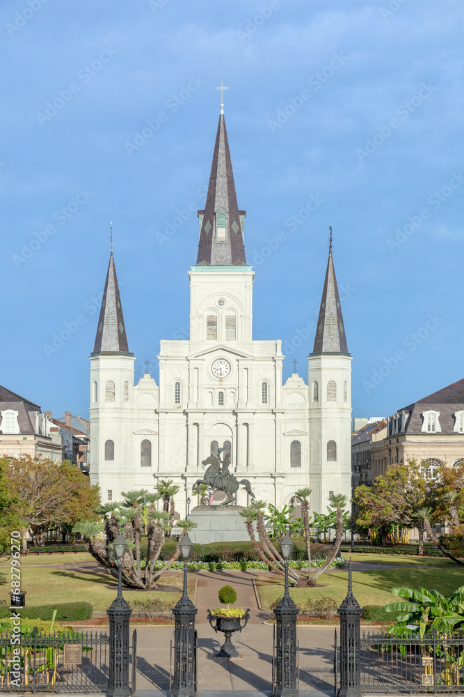 scenic view to New Orleans skyline in morning light to Jackson Square with St. Louis cathedral, New Orleans, Louisiana,