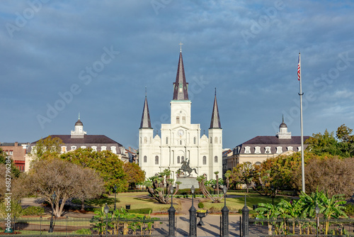scenic view to New Orleans skyline in morning light to Jackson Square with St. Louis cathedral, New Orleans, Louisiana,