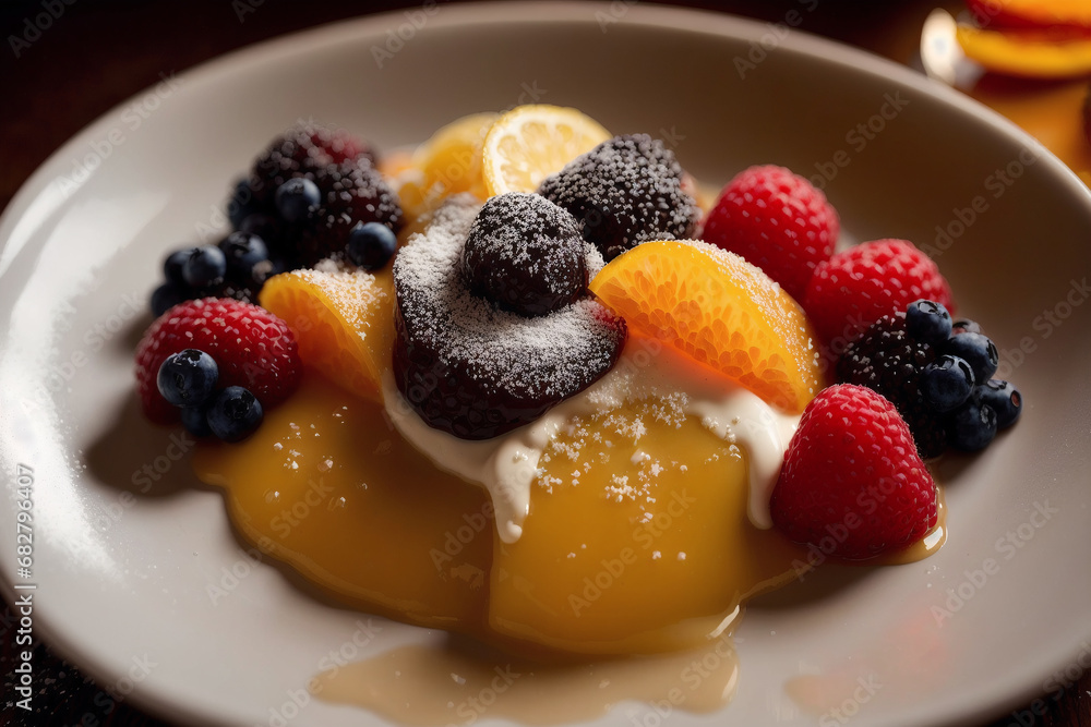 Piece of cake on a white plate on a wooden table. Homemade cake with nuts and honey. Generative AI Piece of cake on a white plate on a wooden table. Homemade cake with nuts and honey. Generative AI