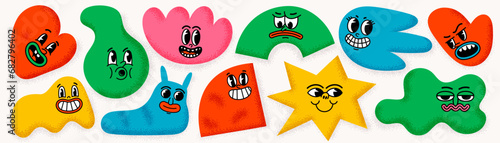 Retro cartoon organic shape funny faces. Groovy vintage 30s 60s 70s minimalis...