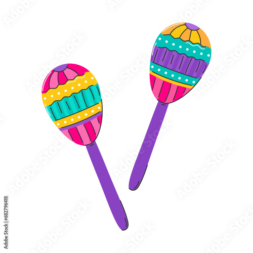 Maracas. Percussion shaker musical instrument. Rattle, a symbol of Latin American music, Mardi Gras, Brazilian carnival. Flat decorative element. Vector illustration highlighted on a white background. photo