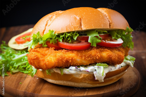 Delicious and appetizing German sandwich with fried cod in crispy breading with salad and sauce on a wooden board