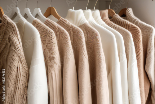 Beige white cashmere wool sweaters hanging in the closet. Cozy autumn and winter wardrobe, warm knitted dress close-up, retail clothing background.