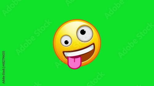 Zany emoji. Goofy emoticon with crazy eyes and tongue out. Yellow face emoji. Animated Emoji. Alpha channel, transparent background. 4K resolution loop animation.