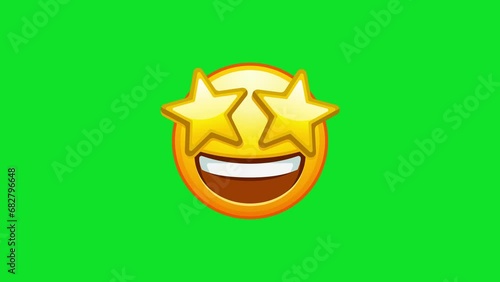 Starry eyed emoji. Excited emoticon face with yellow star shaped eyes and happy wide opened mouth. Animated Emoji. Alpha channel, transparent background. 4K resolution loop animation.