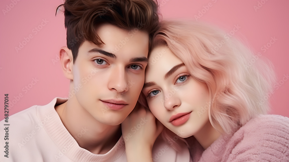 portrait of beautiful young couple in pink sweaters, isolated on pink portrait of beautiful young couple in pink sweaters, isolated on pink