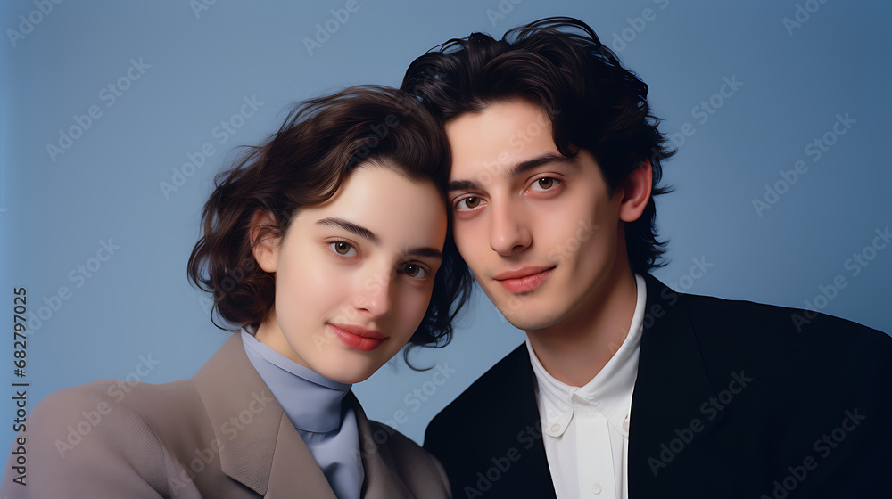 portrait of a young couple in a suit on a blue background portrait of a young couple in a suit on a blue background