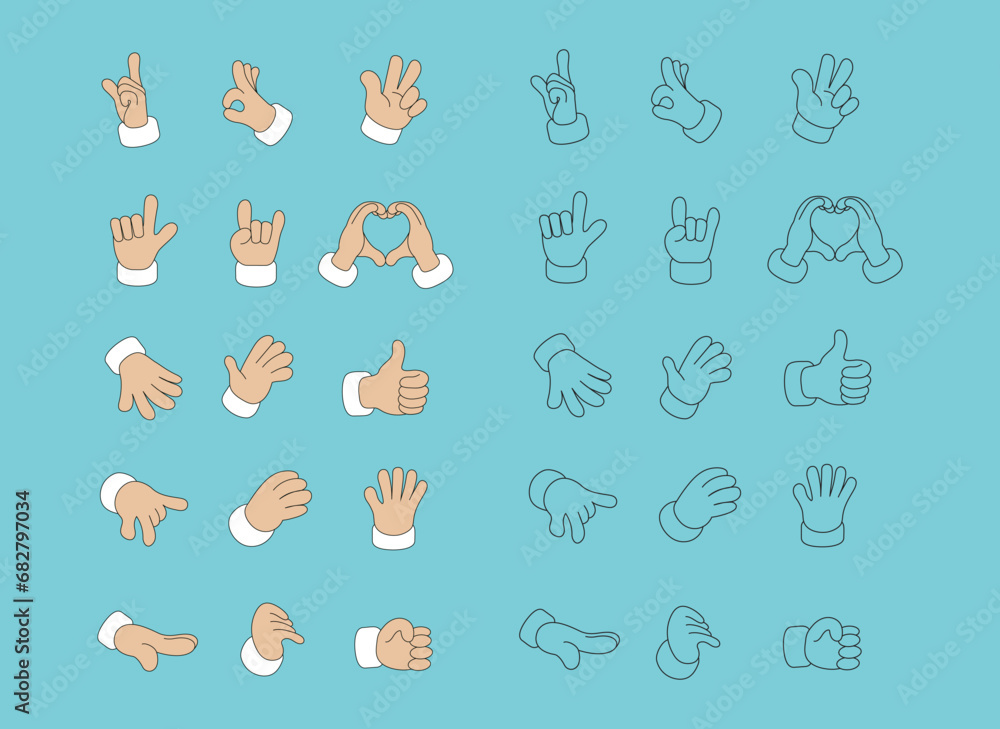 Cartoon hands depicting various gestures in color and black outline. Playful and expressive hand gestures isolated. Colorful groovy hands showcasing a range of gestures for expressing emotions.