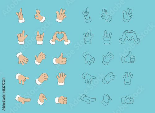 Cartoon hands depicting various gestures in color and black outline. Playful and expressive hand gestures isolated. Colorful groovy hands showcasing a range of gestures for expressing emotions.