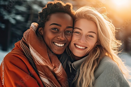 Happy smiling lesbian couple in love, girlfriends hugging and smiling in a snowy forest, winter season. Romantic scene between two loving women, female gay tenderness photo