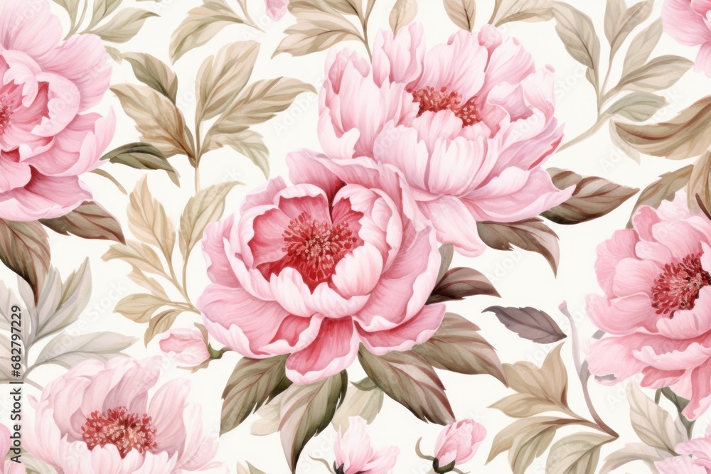 Floral pattern with pink peonies. Blooming flowers on a light background. Watercolor style